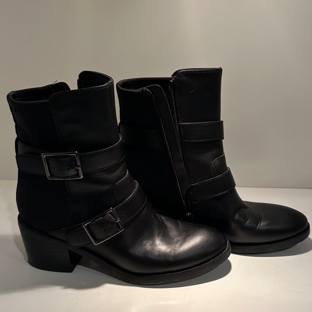 Donald J. Pliner Darby Black Leather Buckle Boots Goth Biker Style